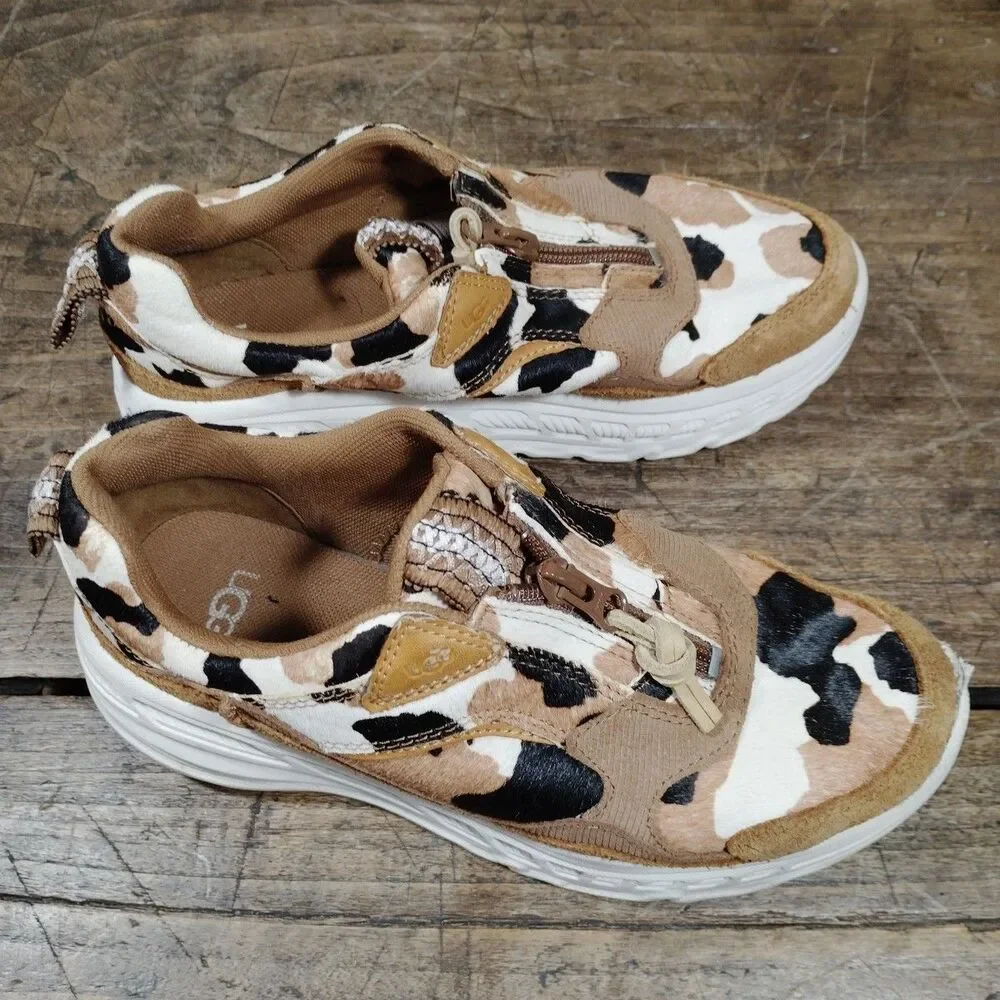 Ugg Sneakers 7.5 Cow Print 1120717 Brown Black Cream Zip Shoes Platform Suede